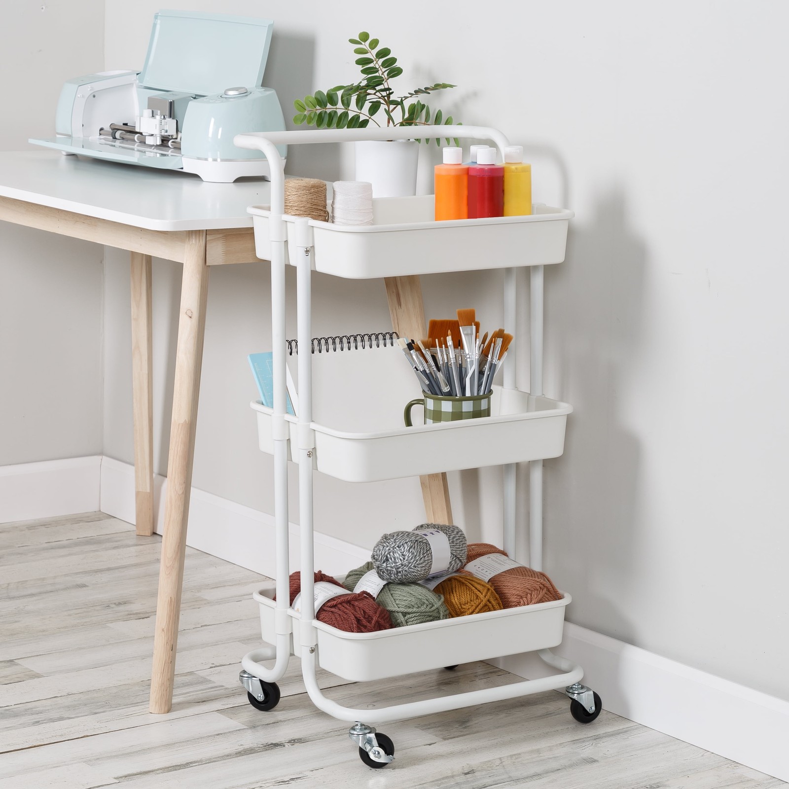 3-Tier Rolling Craft Cart with Handle, White