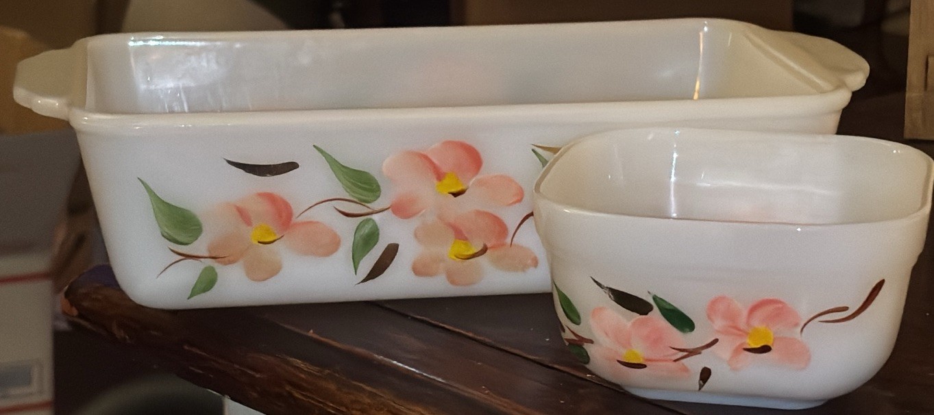 VTG Anchor Hocking Fire King Peach Blossom Loaf Pan & Square Baking Dish USA
