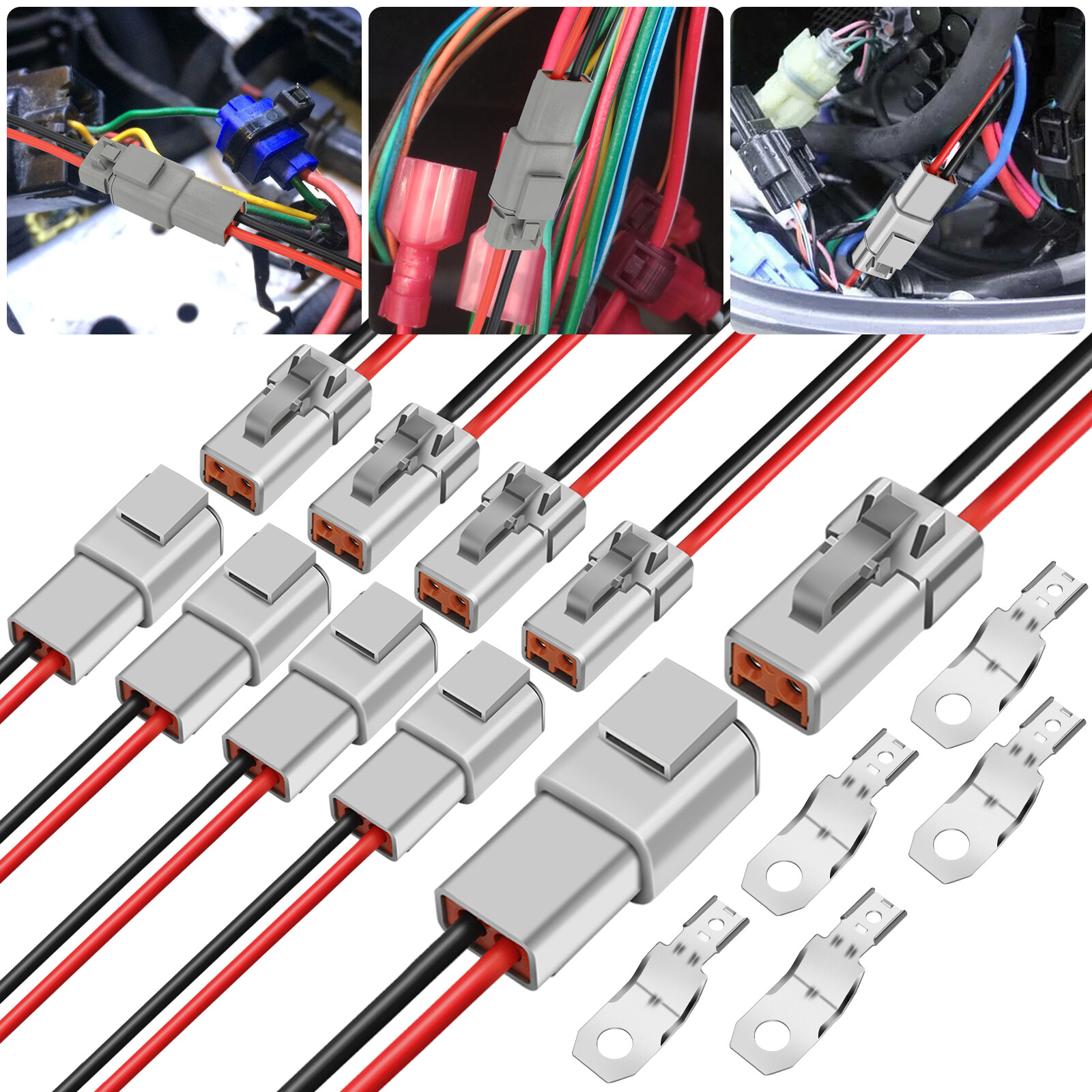 4 Pairs DTP 2 Pin Plug Waterproof Connector w/ 1FT 12AWG Wire for Car Truck Boat