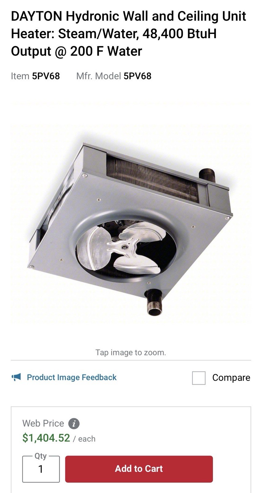 Dayton 5PV68 Hydronic Unit Heater. 33,700 BTU | Ceiling Mount | Hot Water Heater
