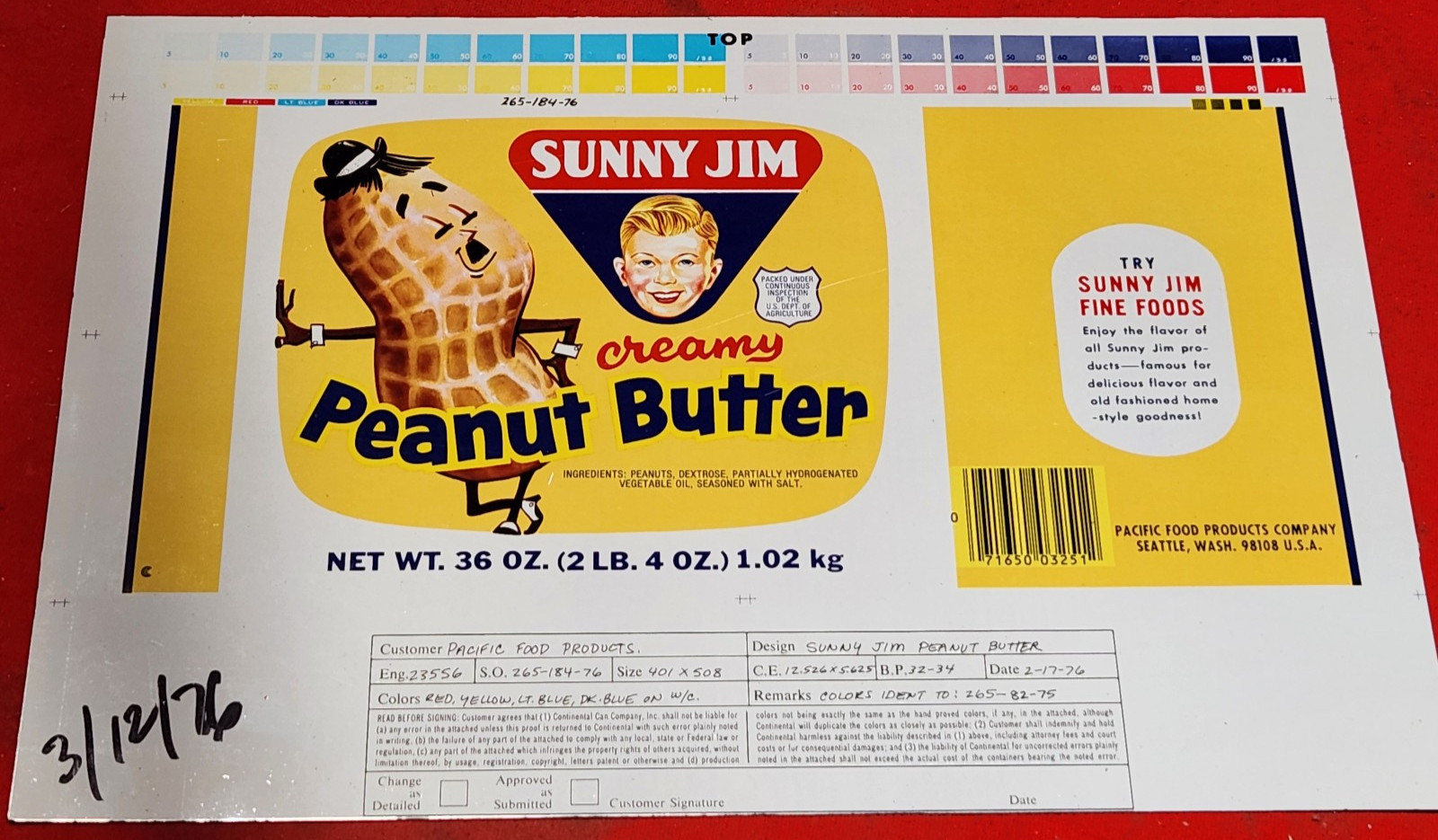 rare CONTINENTAL CAN flat EMPTY SUNNY JIM PEANUT BUTTER APPROVAL Museum 1976 8w5