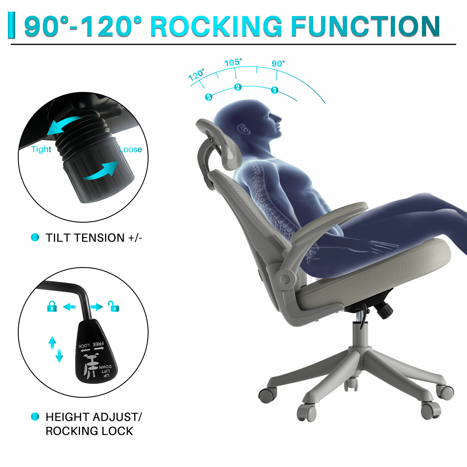 Computer Desk Chair Ergonomic Office Chair with Wheels Flip-Up Armrests Gray