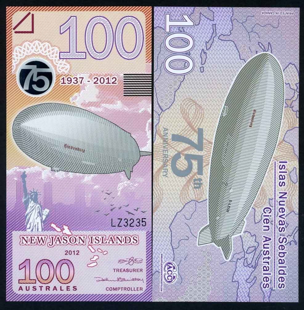 New Jason Islands, 100 Australes, 2012, POLYMER, UNC Hindenburg 75 years F