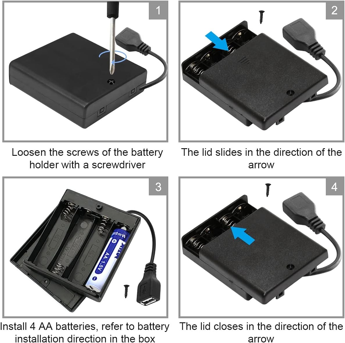4 PCS 4 AA Battery Holder USB Switch, 6V Female Socket, 4 x 1.5V 4