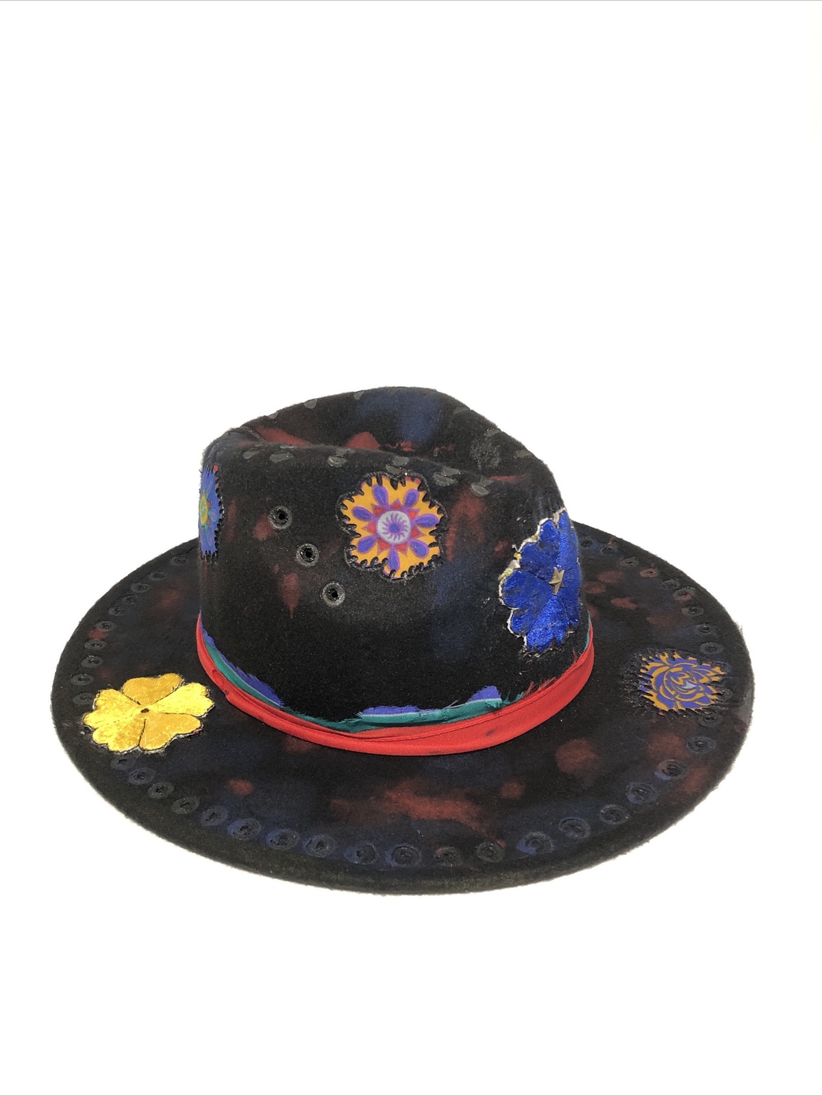 Tazzle’s 1of1 Custom Western Fedora Hat-Black Felt, Colorful Flowers, Cross Etc