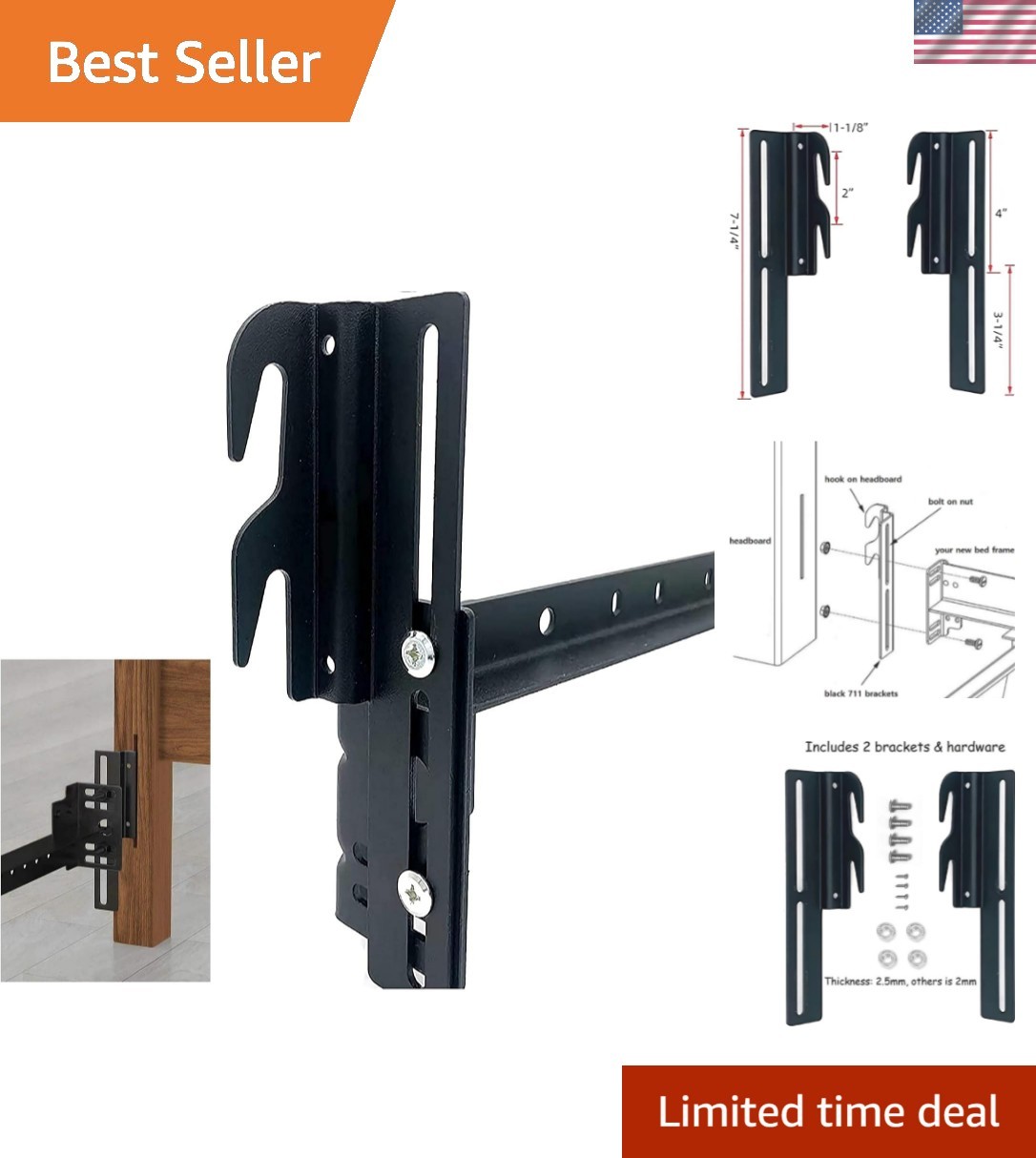 2Pcs Bolt-On to Hook-On Bed Frame Conversion Brackets for Headboard or Footbo...