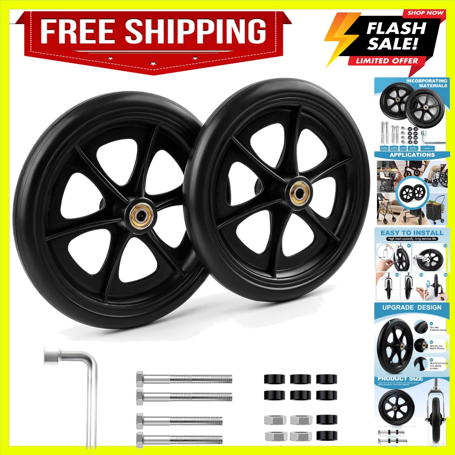 Heavy Duty 8 Inch Replacement Wheels for Wheelchairs & Rollators - Easy Install