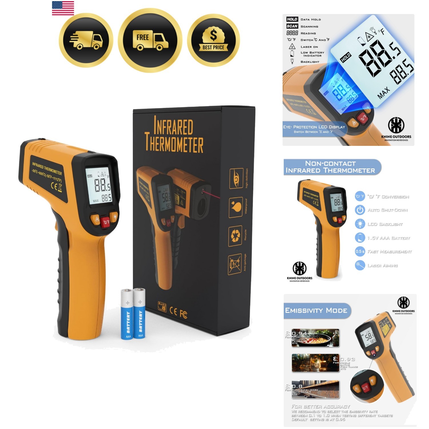 Infrared Thermometer Laser Temperature Gun, -58℉ to 1112℉, Single Laser Targe...