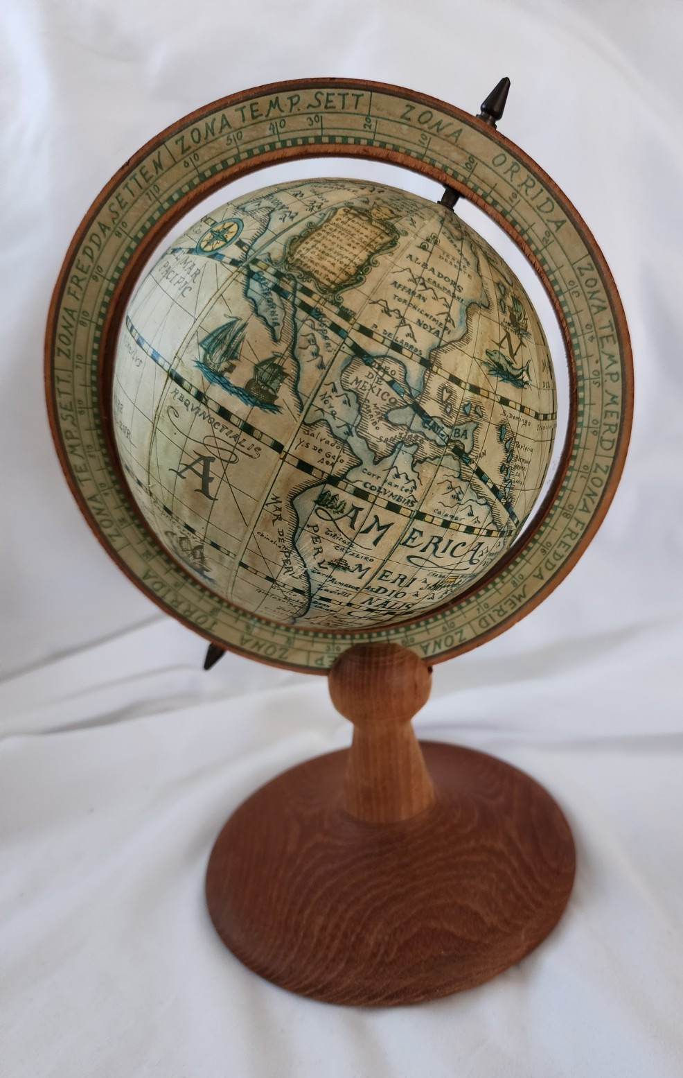 Vintage MCM Old World Rotating Globe Travel Desktop Light Wood Stand- 10"in Tall