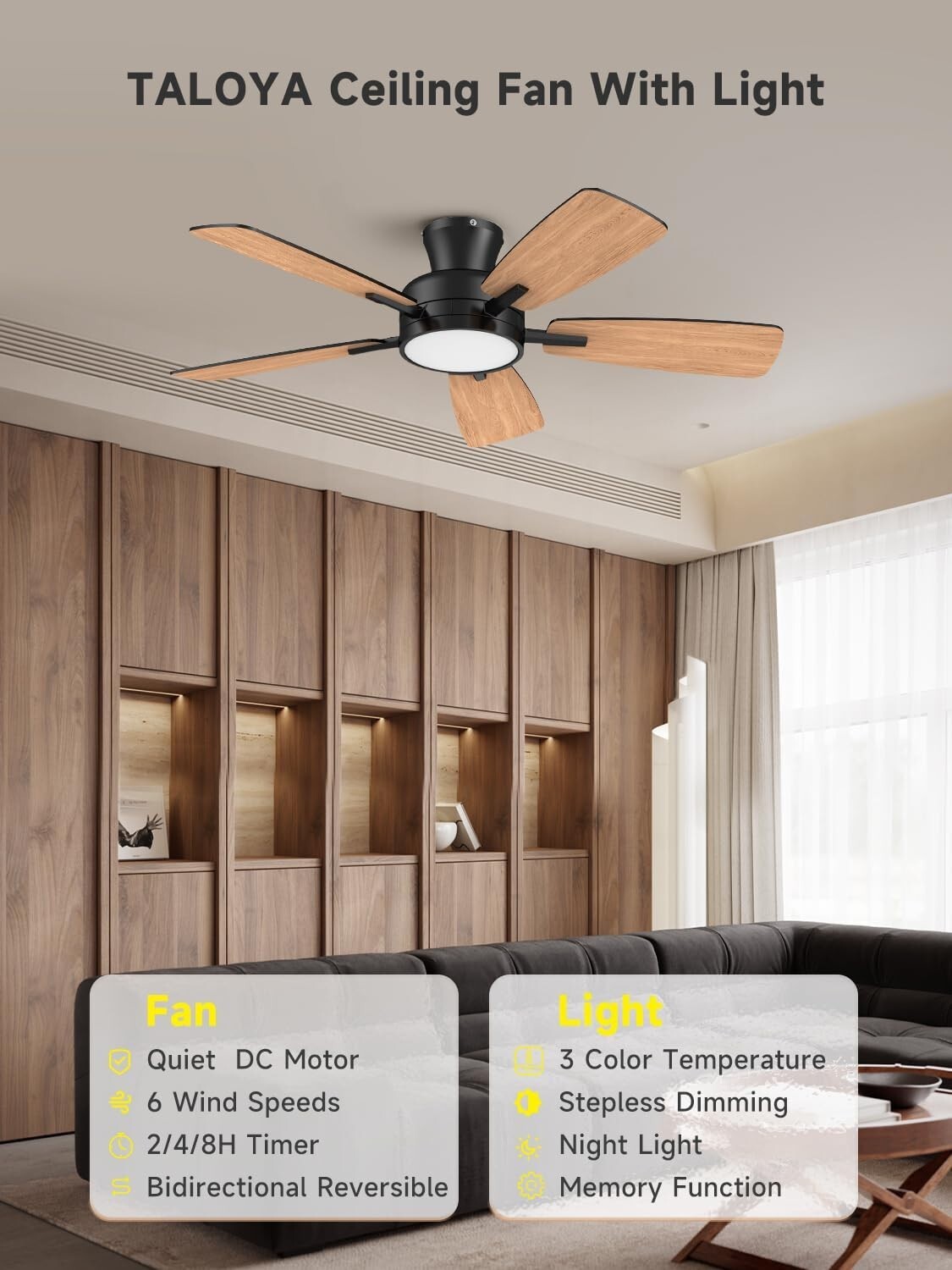 46" Ceiling Fan with Lights, Remote, Reversible, Dimmable, Black Modern Fan