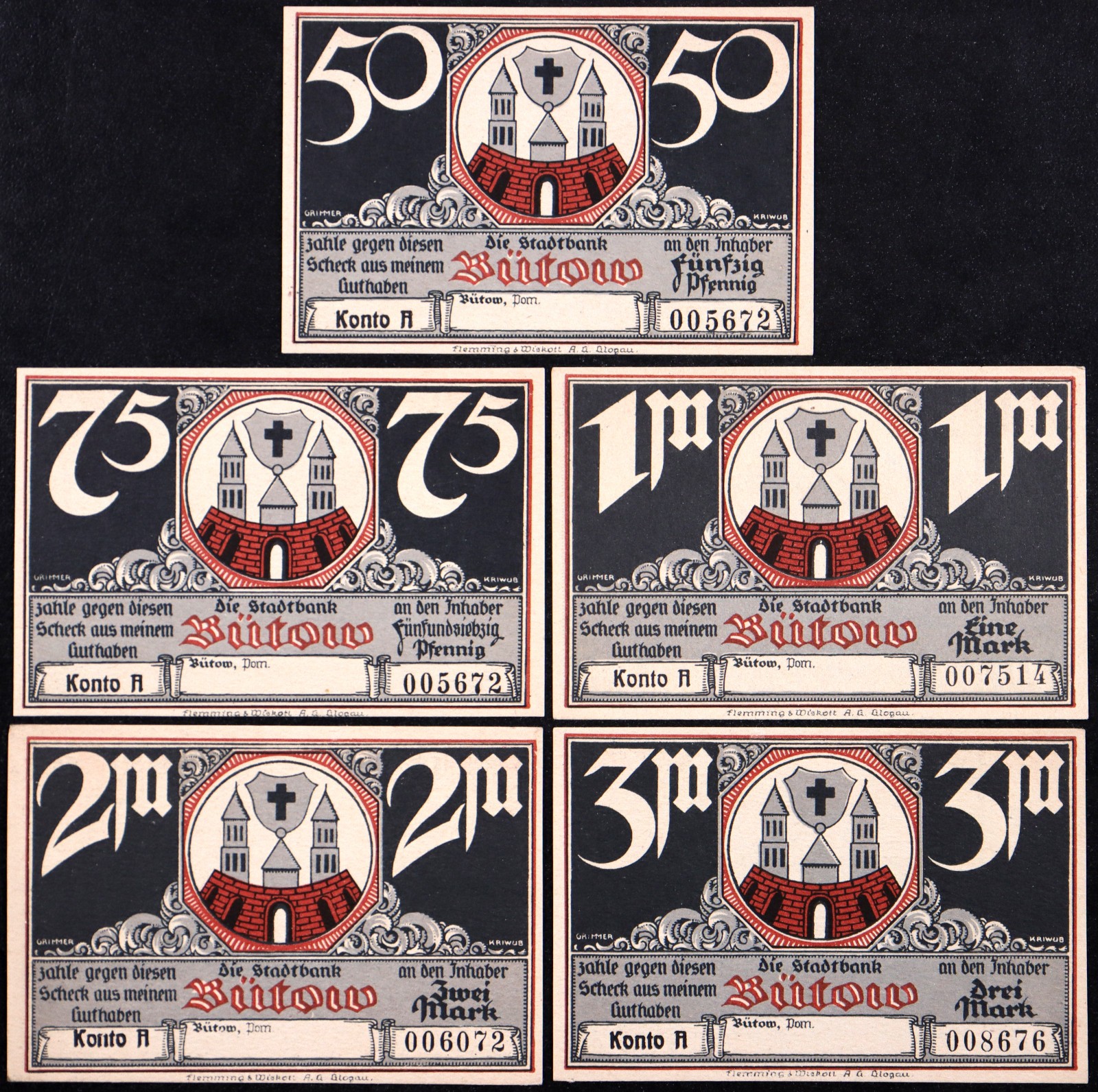 BÜTOW / BYTÓW 1922 "Knight, Castles" Complete Series German Notgeld Black