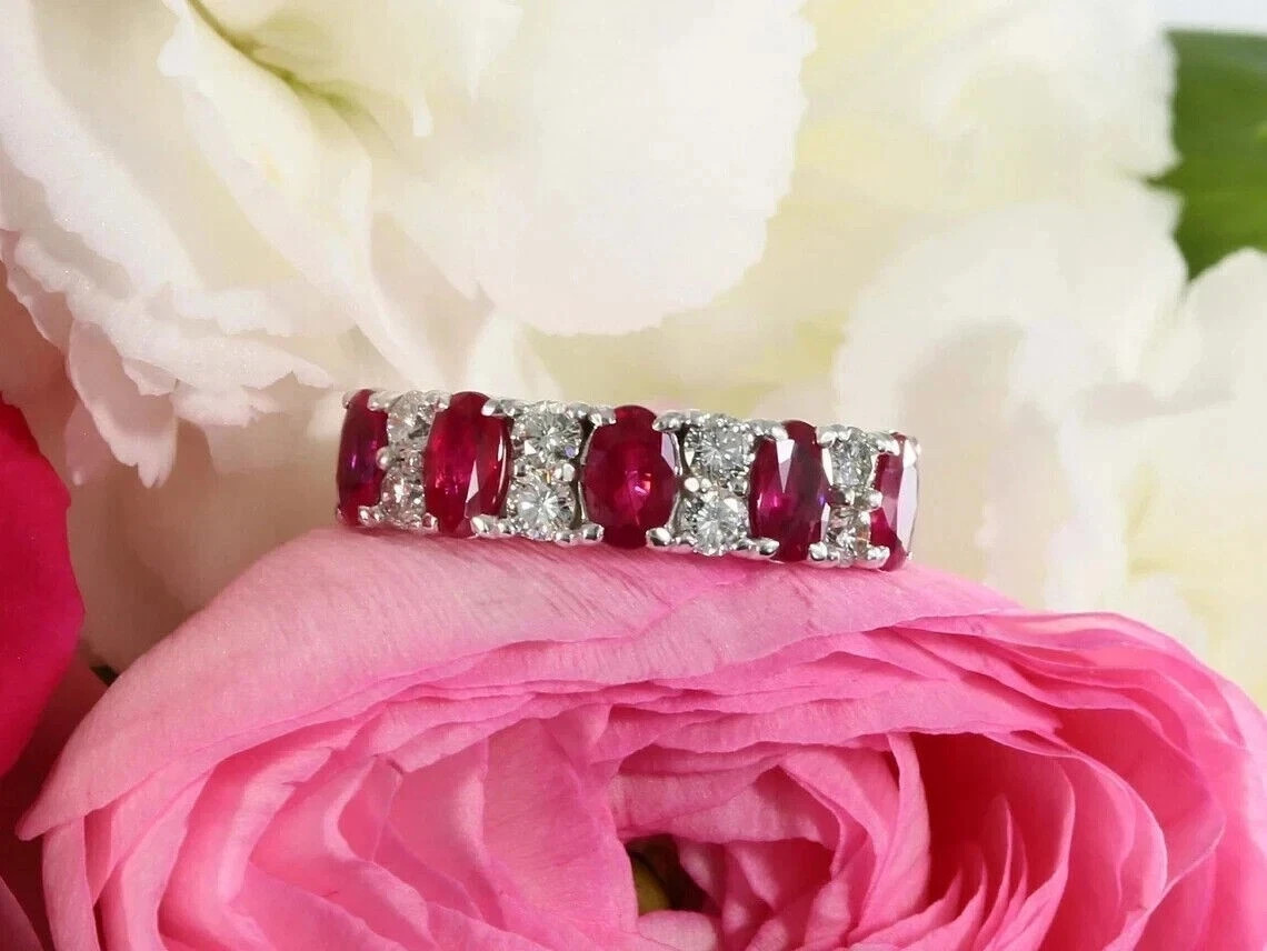 3Ct Lab Created Red Ruby Half Eternity Wedding Band Ring 14K White Gold Plated