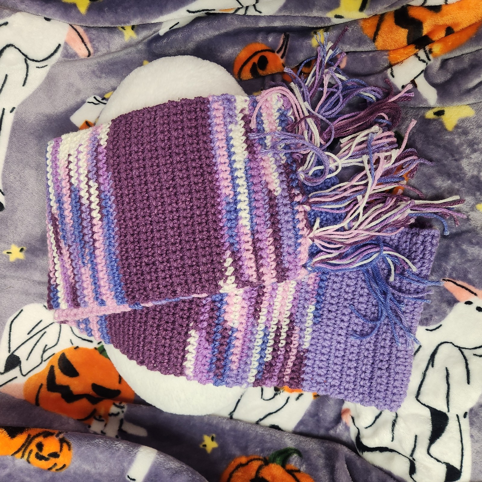 58" L, 7" W CROCHETED Purple Princess Scarf with tassels Handmade