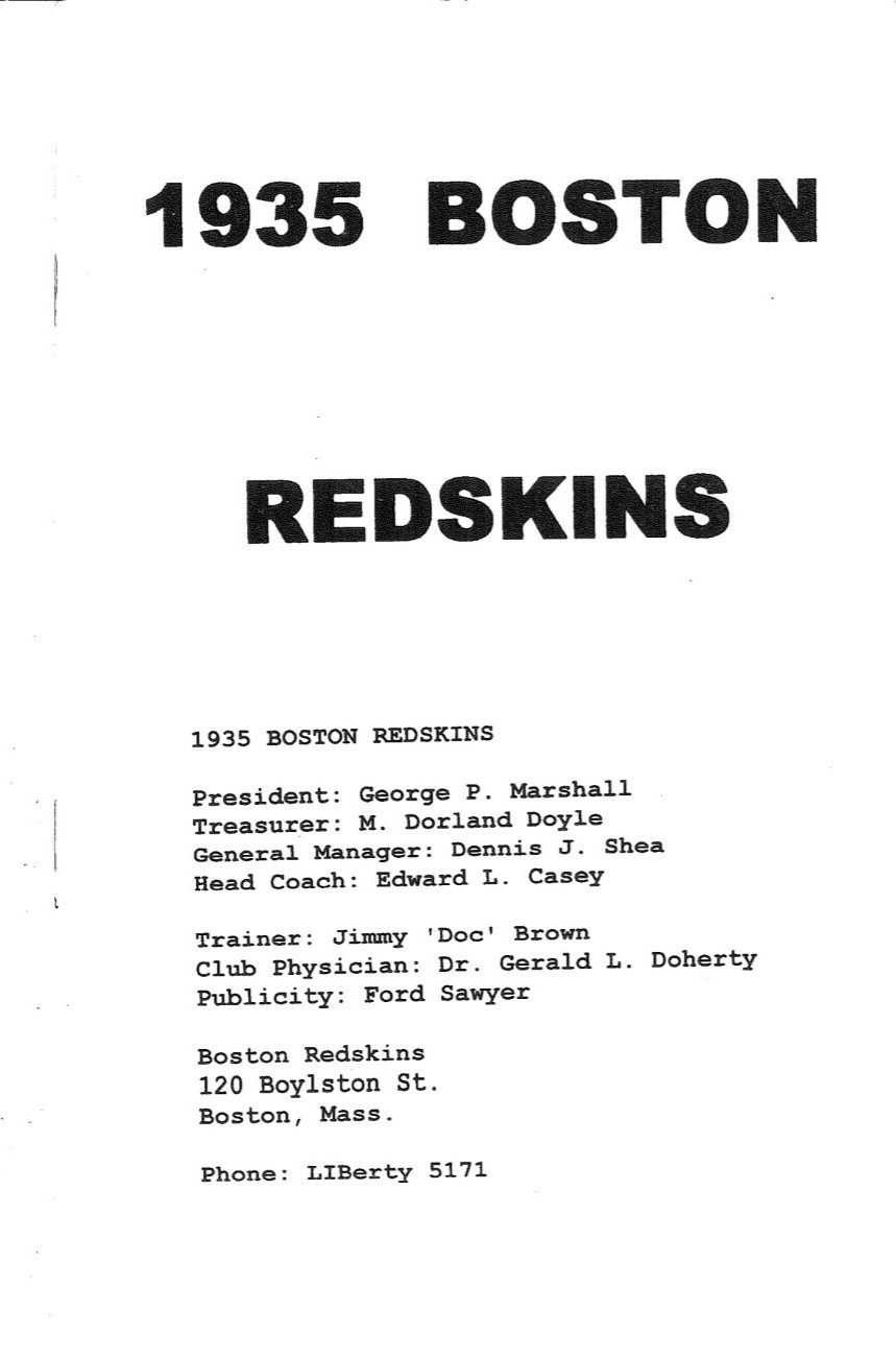 1935 Boston Redskins Media Guide Roster - 12-page NFL Football Press Reprint
