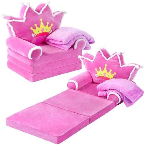 Gifts for Kids Couch 2 in 1 Toddler Couch Fold Out with Flannel Blanket Purple