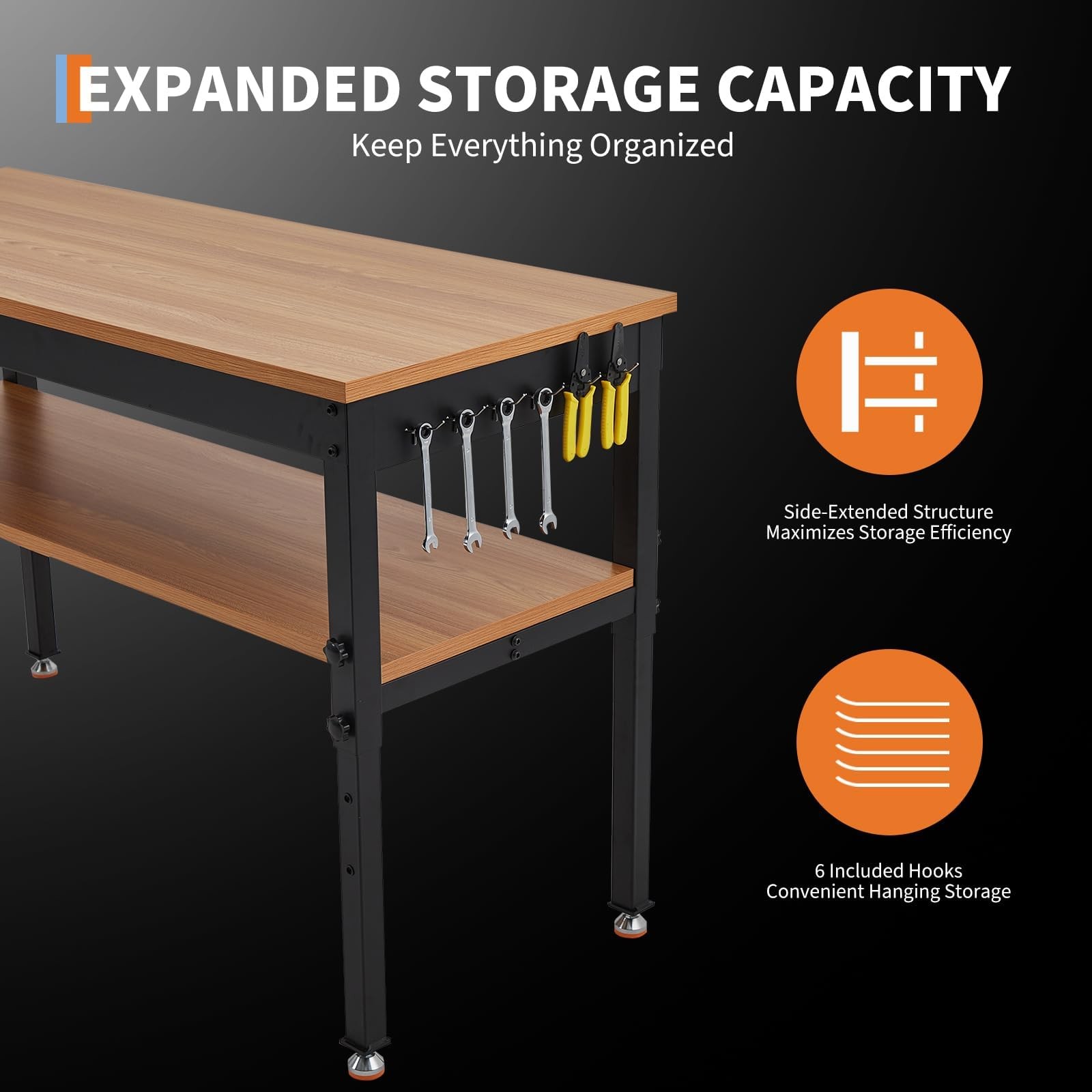 48" Adjustable Workbench with Storage Shelf & Power Outlet, 2500 LBS Heavy-Duty