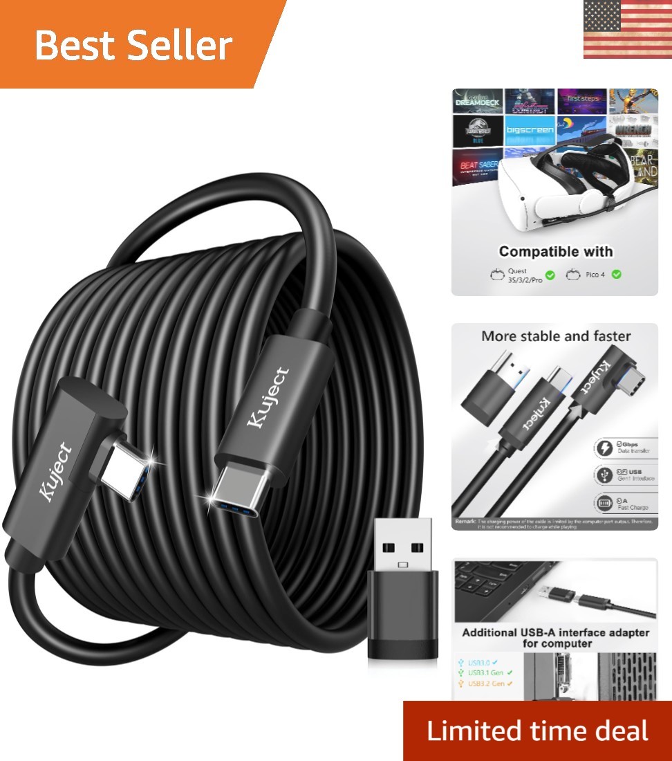 L-Shaped 16FT USB Link Cable for Seamless Quest 3/Pro VR Gaming Experience