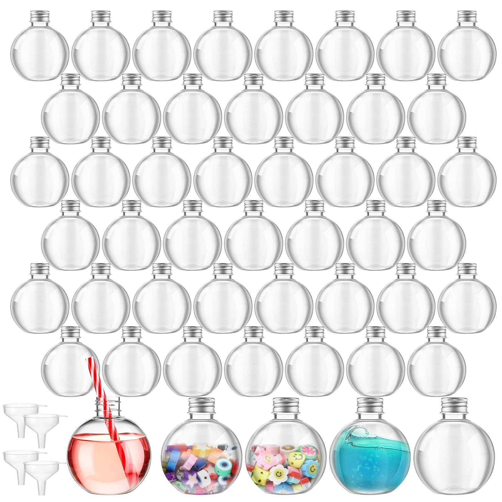 Plastic Potion Bottles 6oz Spherical Corks Funnels Ball Shape Silver 50 Pack