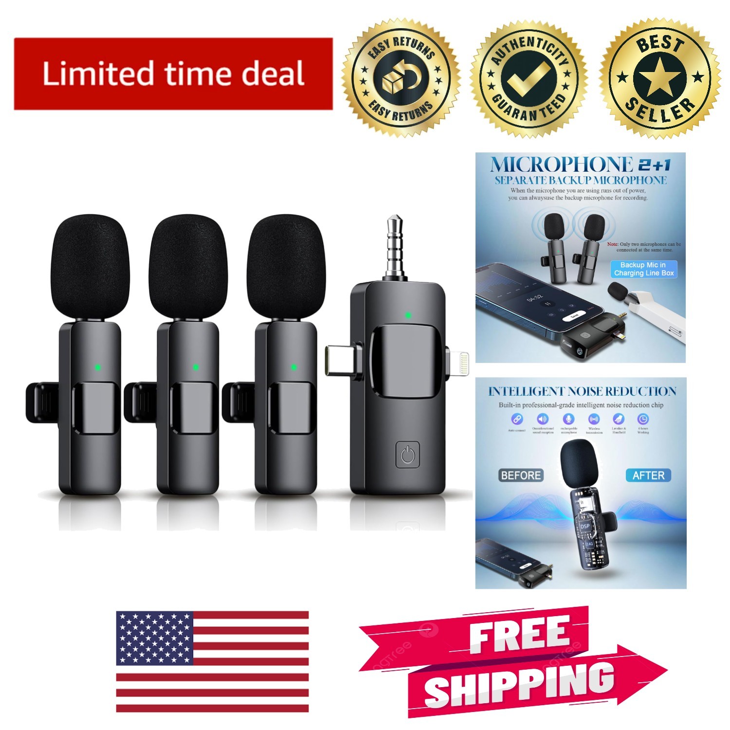Professional Wireless Lavalier Microphone for YouTube, TikTok & Vlogging - Black