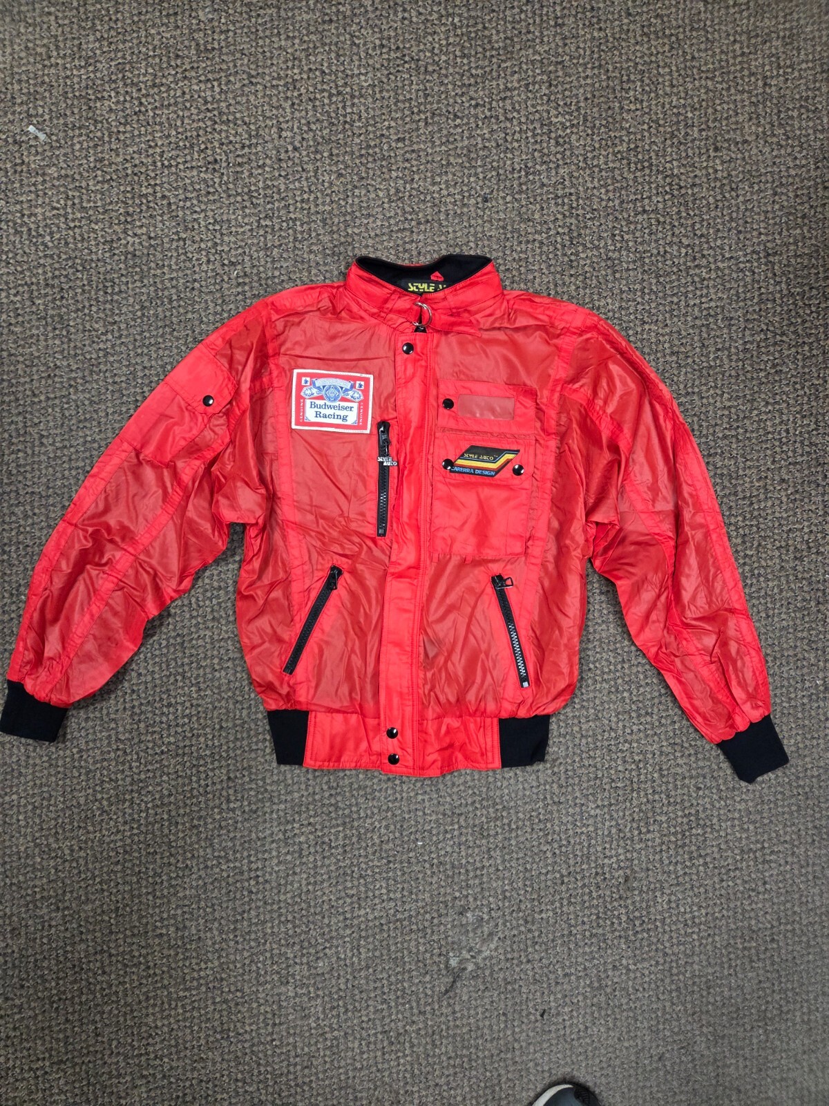 Vintage Style Auto Carerra Design Budweiser Racing  Jacket Red M