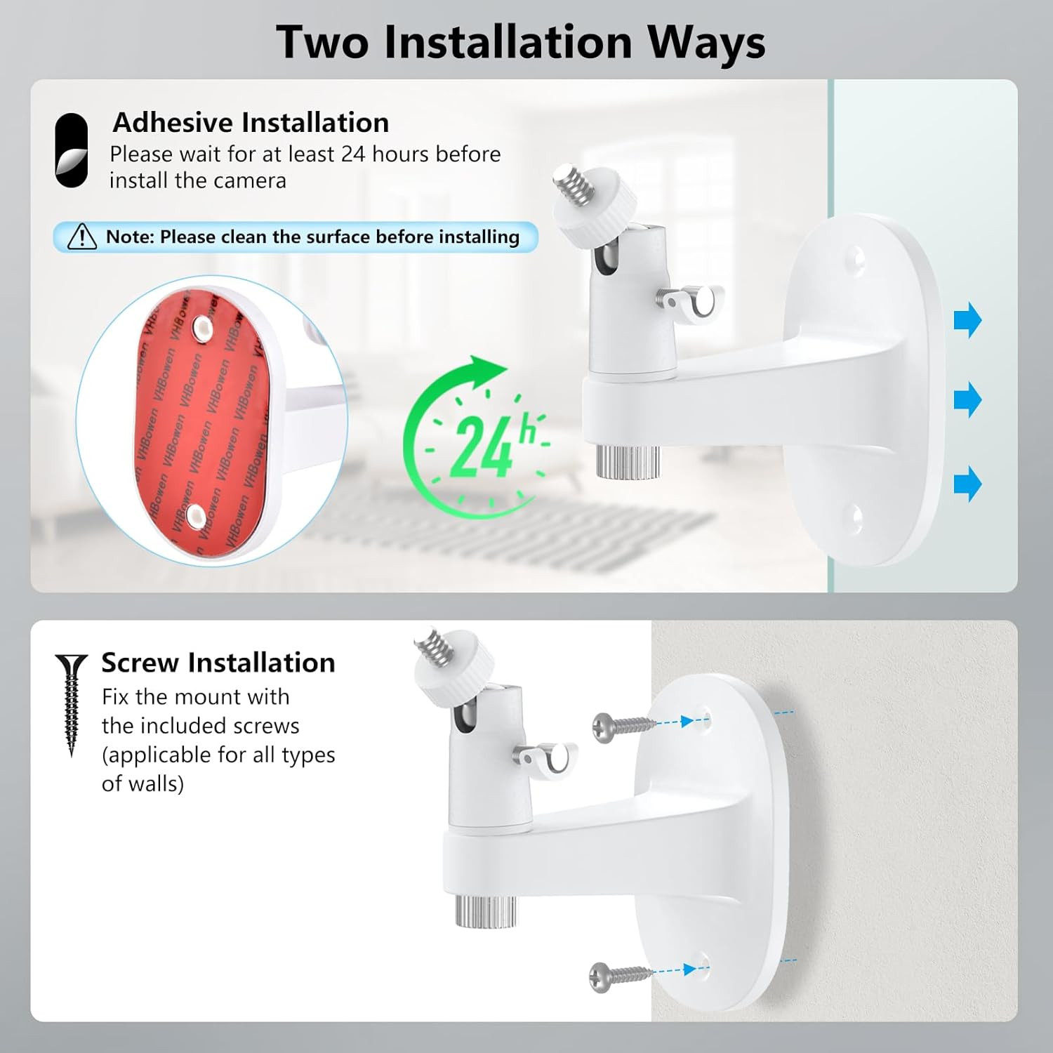 2 Pack Camera Wall Mount 360° Adjustable No-Drill for Stick Up & Outdoor Cam