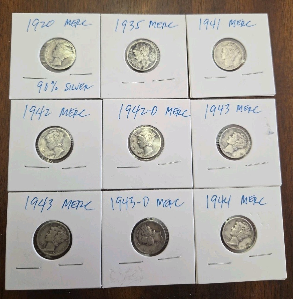 Lot of 9 Mercury Dimes, Very Good Condition, Individually Sleeved 1920-1944
