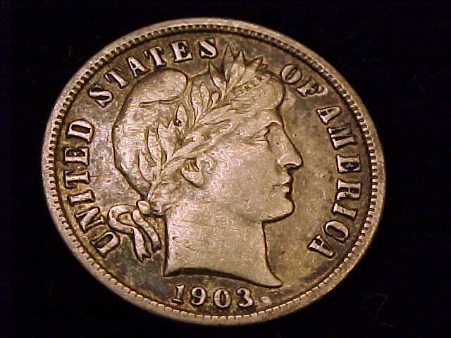 1903-P Barber Dime, Extra Fine Grade. An uncleaned, original coin.