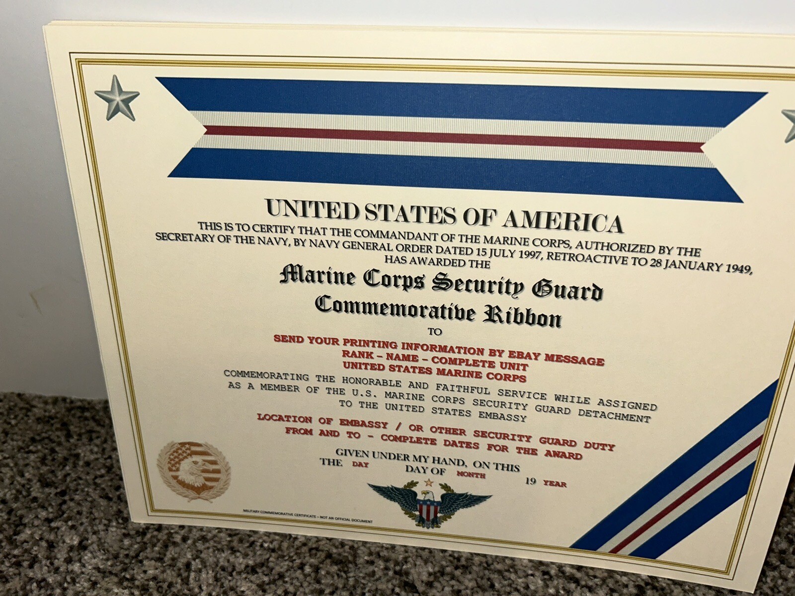 MARINE CORPS SECURITY GUARD RIBBON COMMEMORATIVE CERTIFICATE ~ W/PRINTING TYPE-1