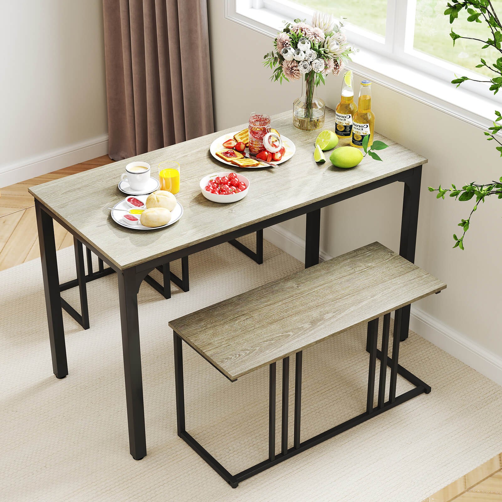 4-Piece Dining Table Set w/ Table & Bench & 2 Stools Office, Kitchen, Living