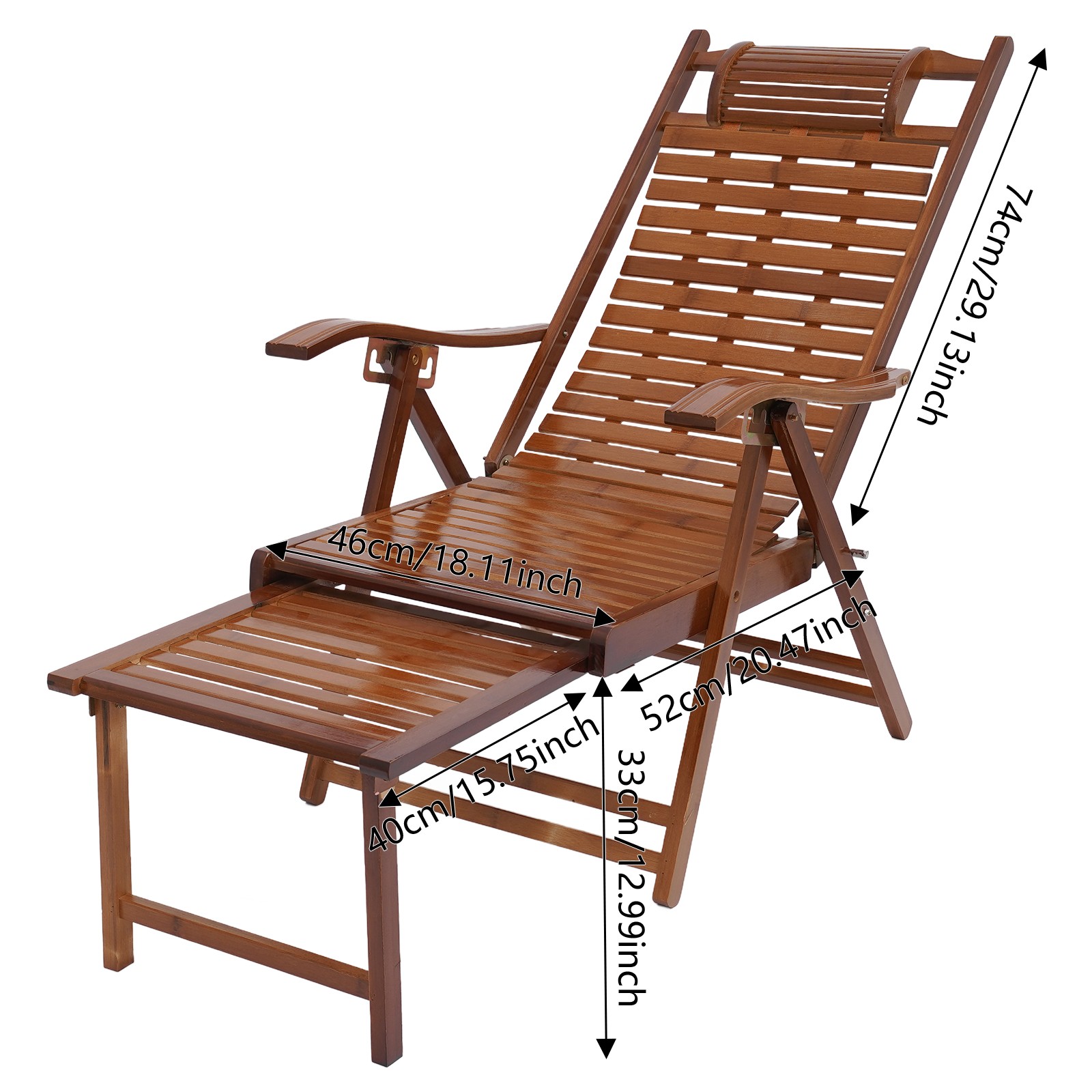 Bamboo Folding Lounge Chair, Folding Reclining Chair with Adjustable Backrest