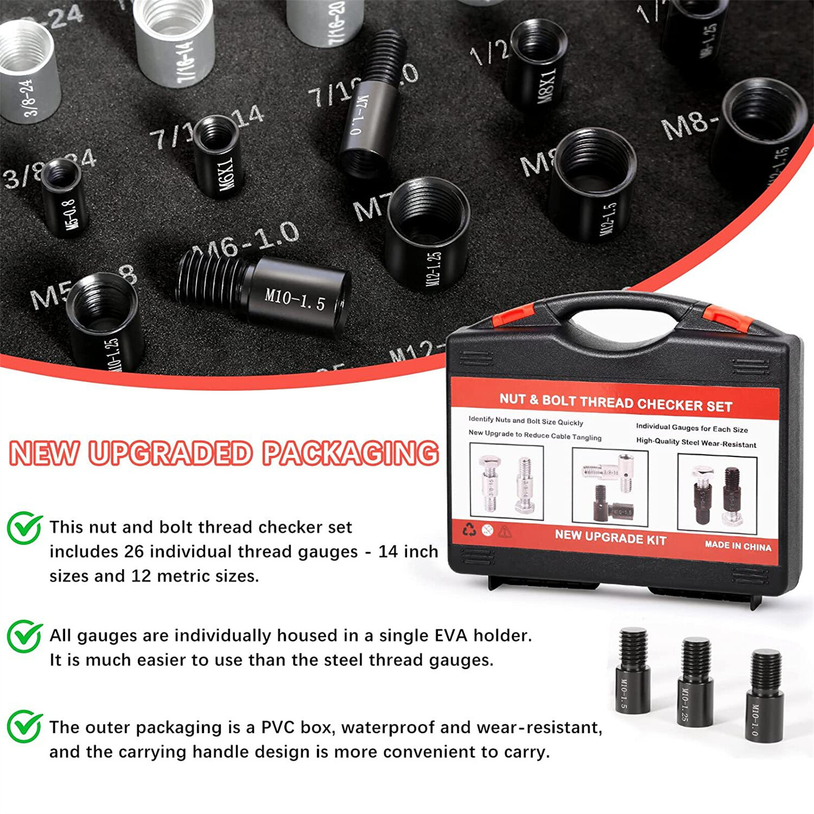 US 44pcs Nut & Bolt Thread Checker Identifier Inch & Metric Thread Gauges W/Box