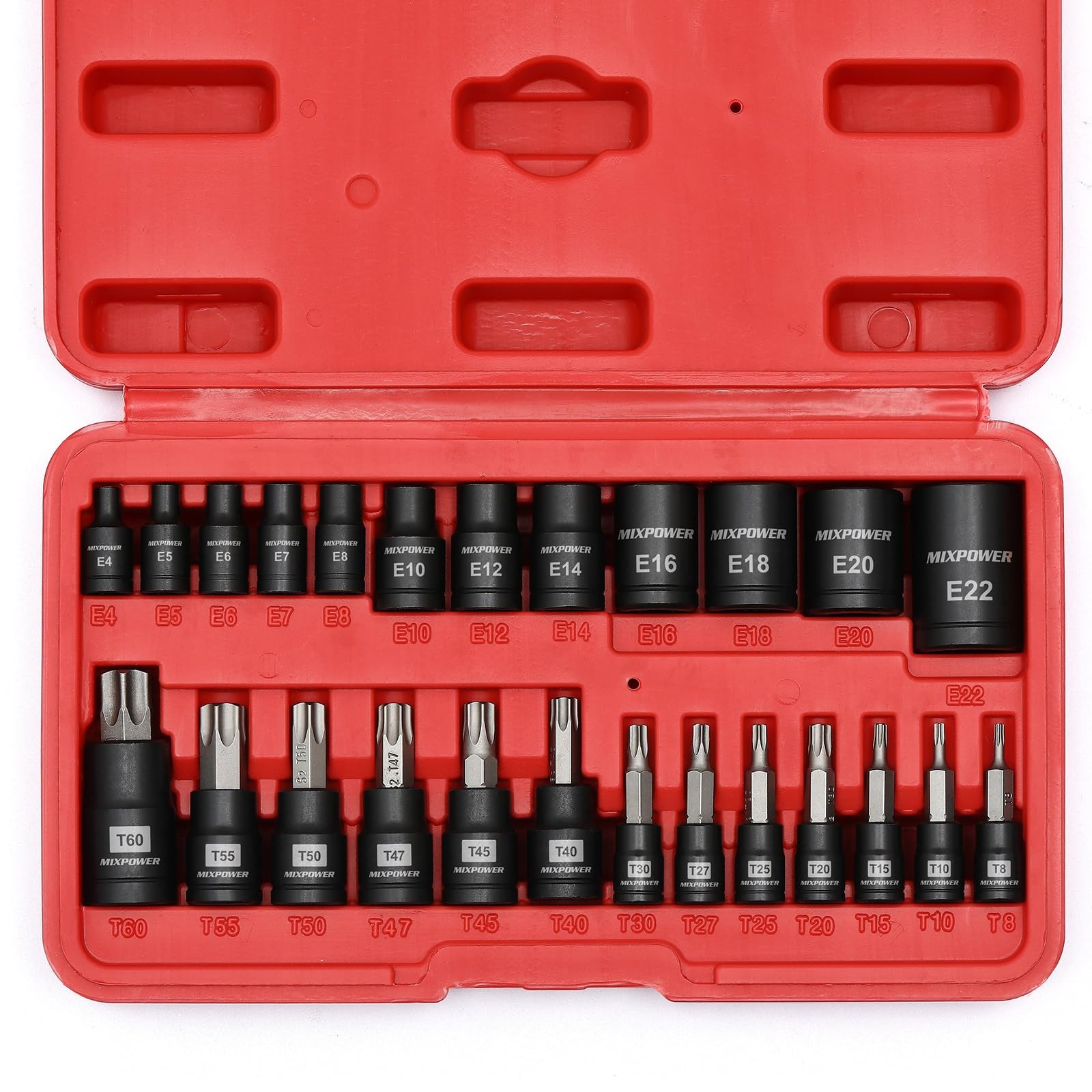 MIXPOWER 25 Piece Torx Bit and Socket Set, 13 Star Bits T8-T60,E4-E22(25PCS)