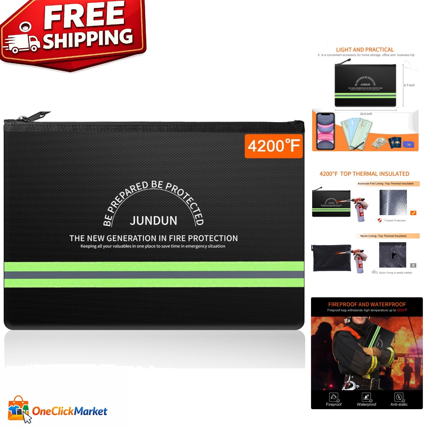 Fireproof Cash Bag - 10.6x6.7 Fire & Water Resistant Money Envelope
