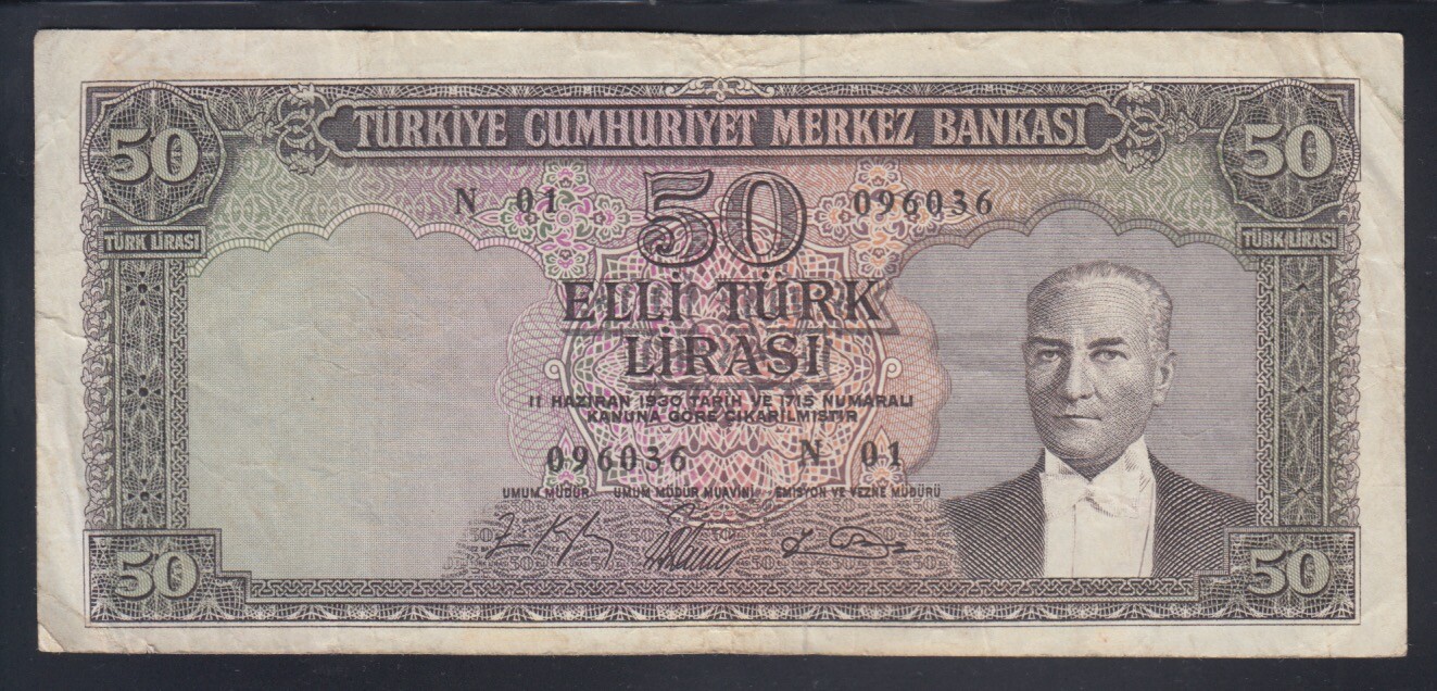 Turkey banknote P. 175-6036 50 Lira (1930)(1964) Pfx N-04, VF  We Combine