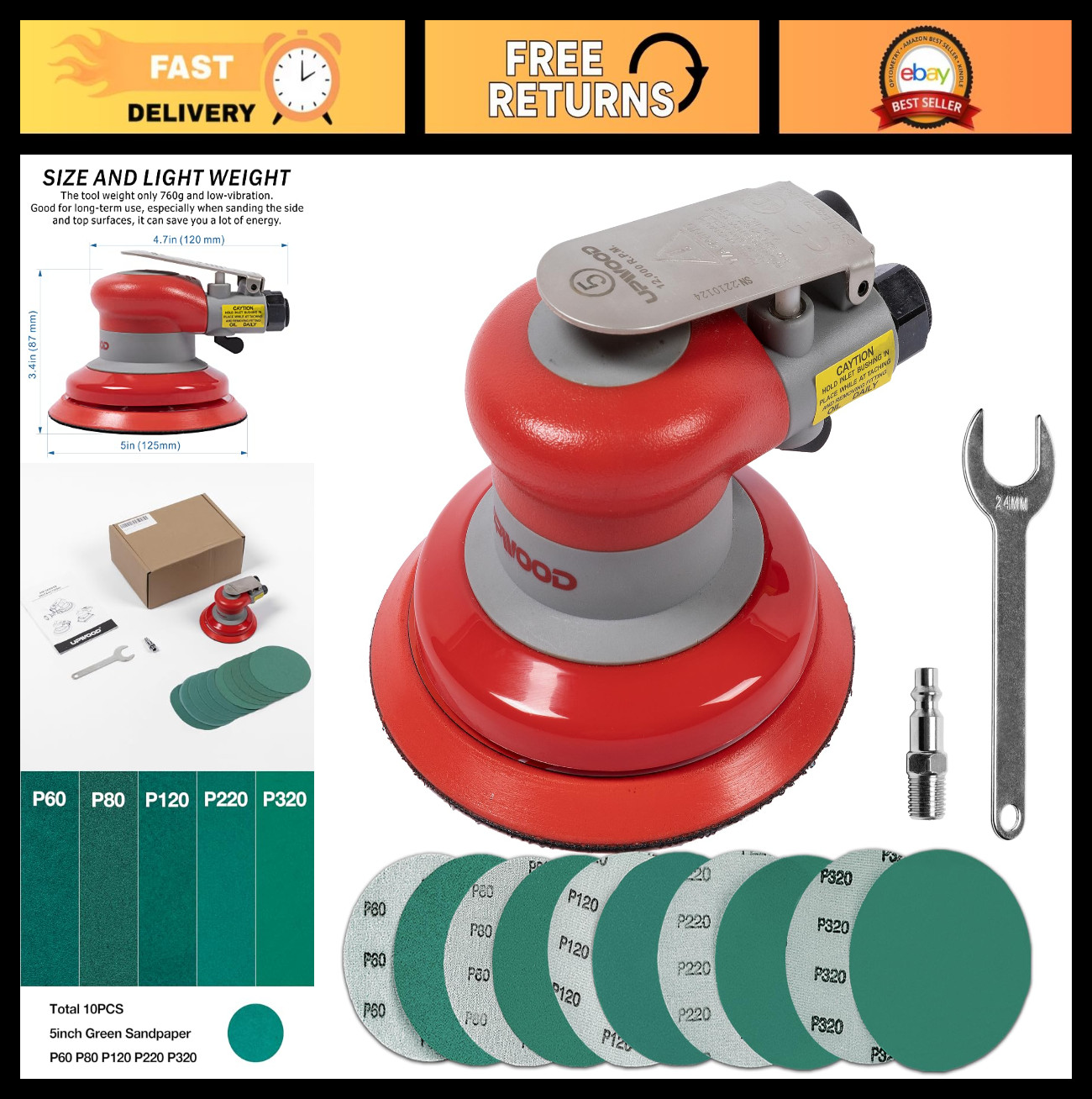 5" Pneumatic Random Orbital Sander, Lightweight Palm Sander, 12000 RPM, 10pcs Sa