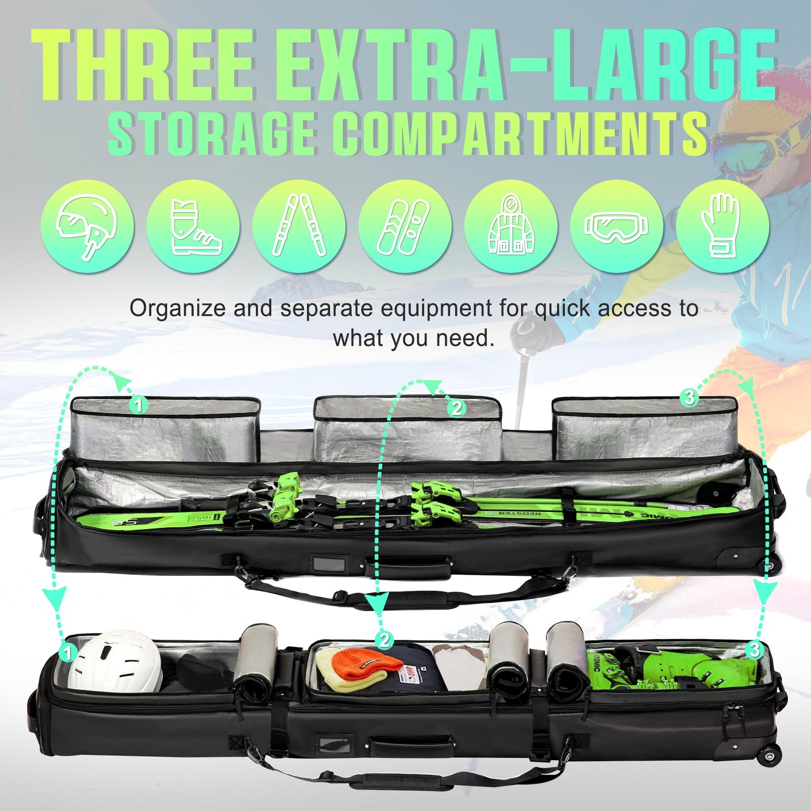 Double Rolling Ski Bag Padded Waterproof Snowboard with 175cm, Black