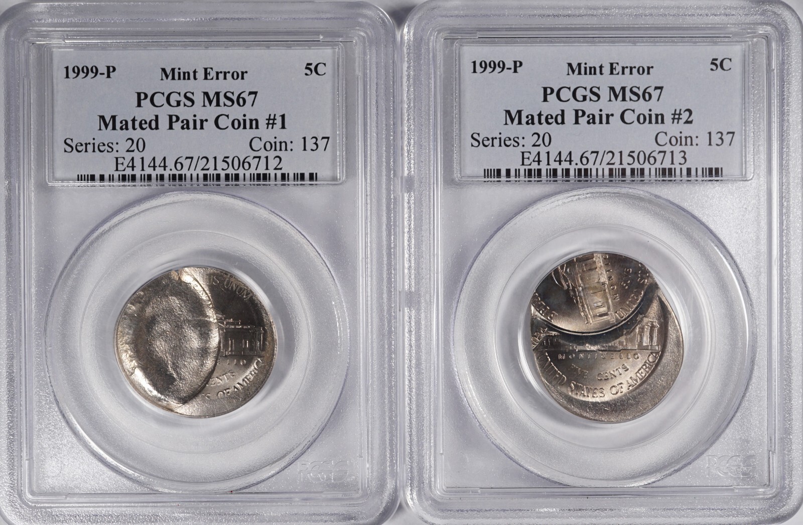 1999P 2 Mated Pair Triple Struck Indent 5c Nickels Mint Error One OF A Kind MS67