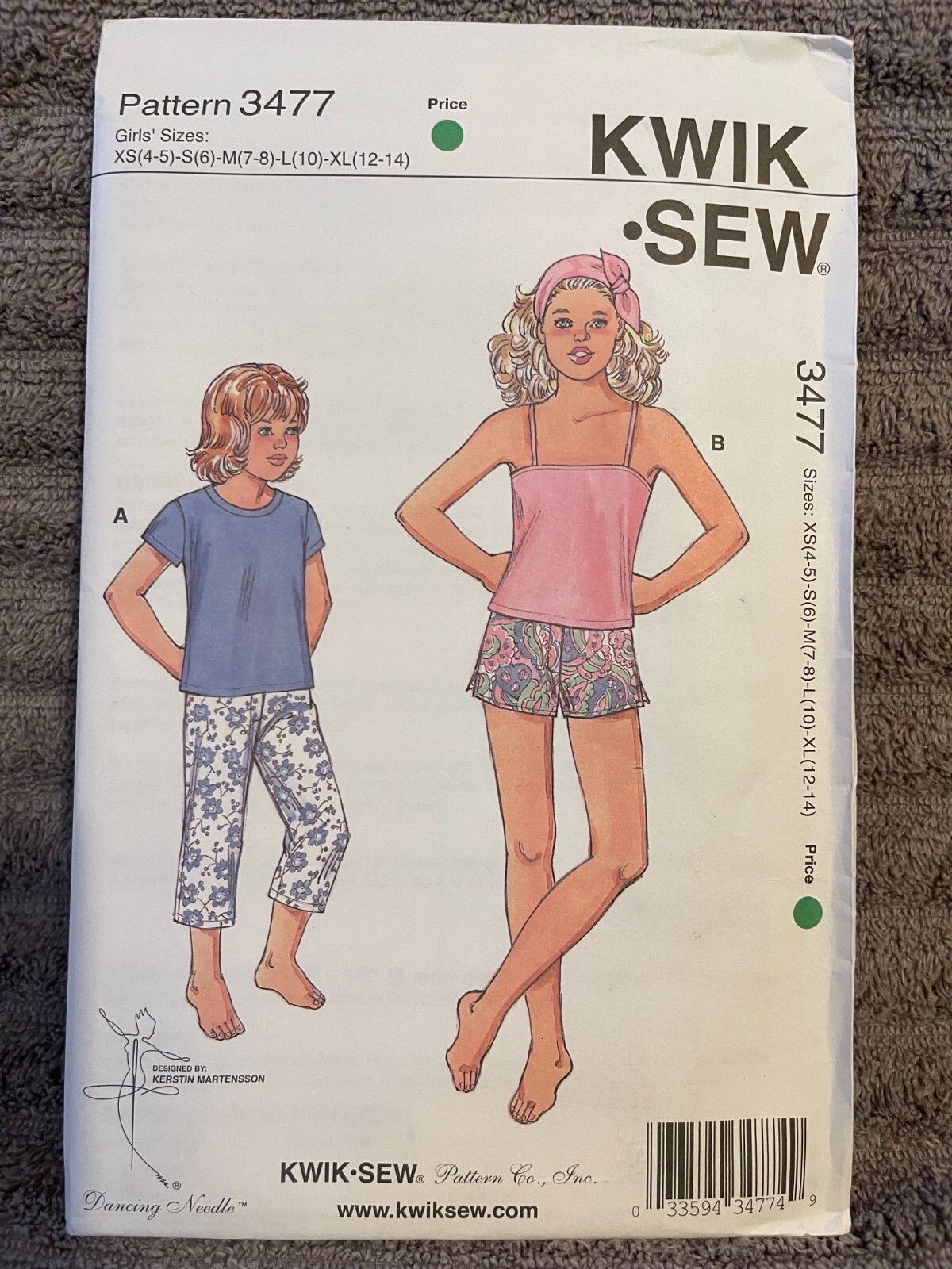 Kwik Sew Pattern 3477 Girls Sleepwear/Pajamas: Shirt~Camisole~Pants~Shorts XS-XL