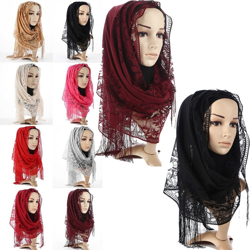 Ladies Female Lace Flower Scarves Hijab Long Shawl Headscarf Head Wraps Muslim