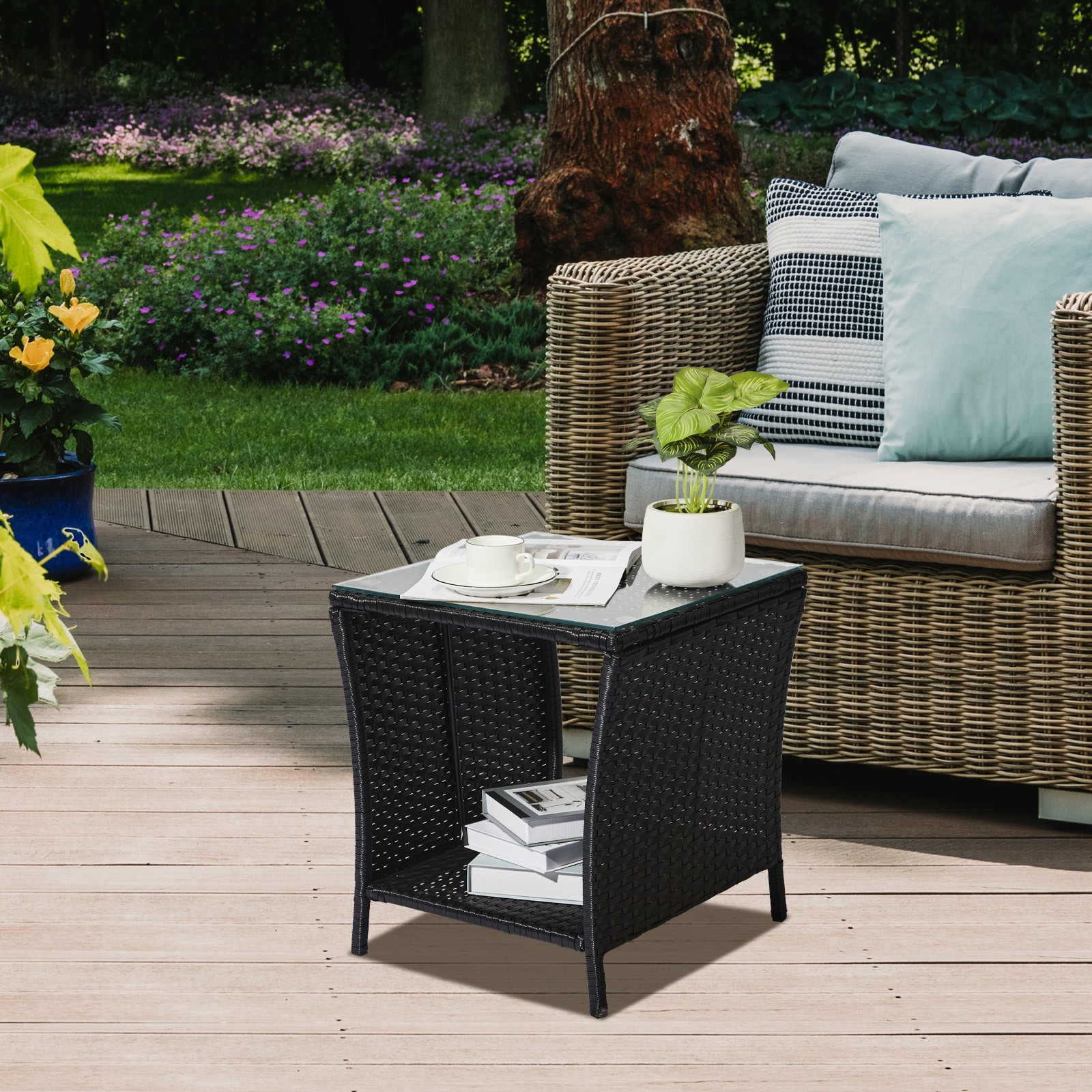 Wicker Patio Side Table Outdoor Square Coffee Table Wicker Rattan End Tables
