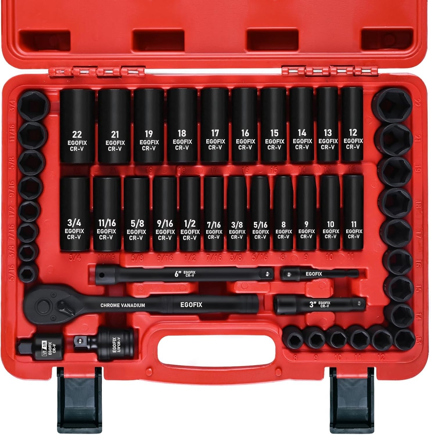 3/8 In. 50 Piece 6 Point Impact Socket Ratchet Drive and Metric Set