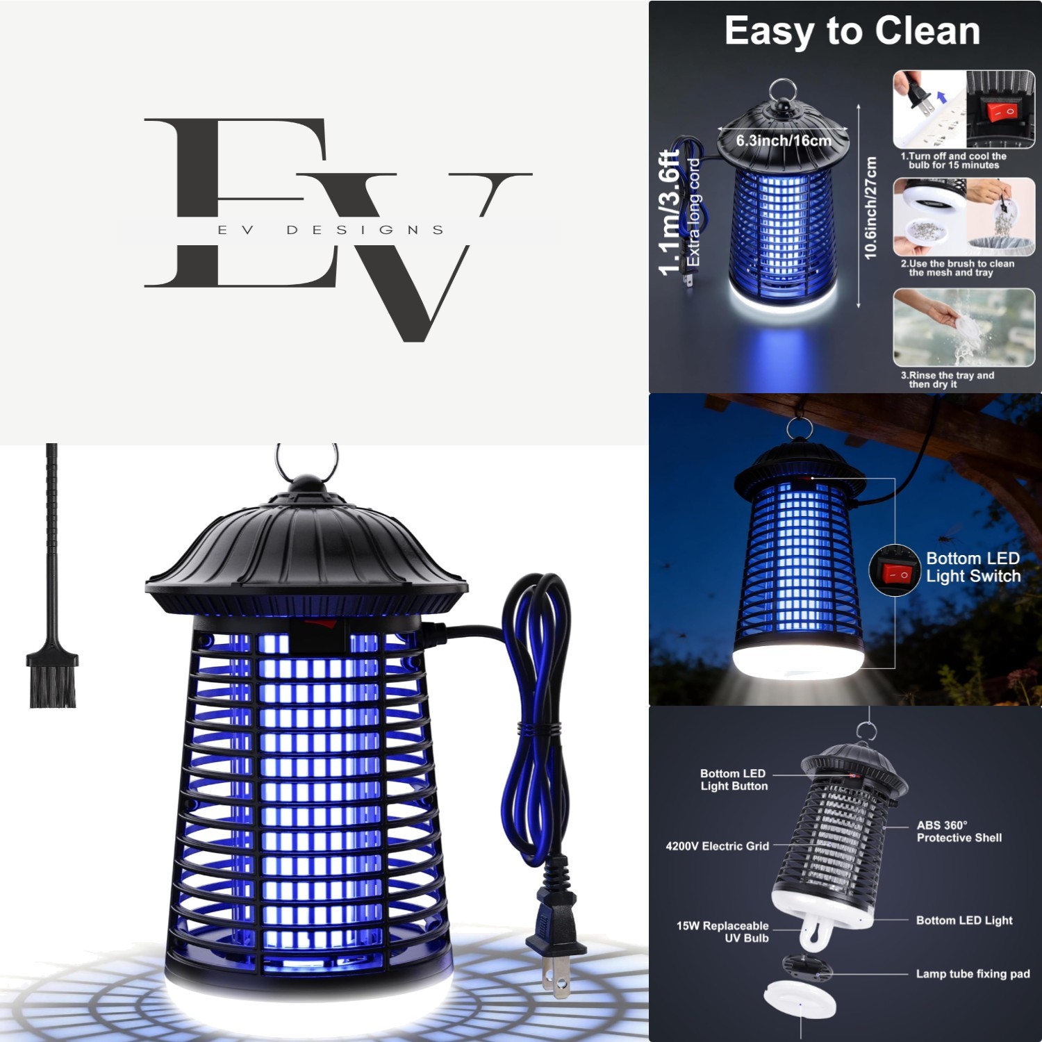 Elegant Dark Black Bug Zapper with Removable Tray for Effortless Maintenance