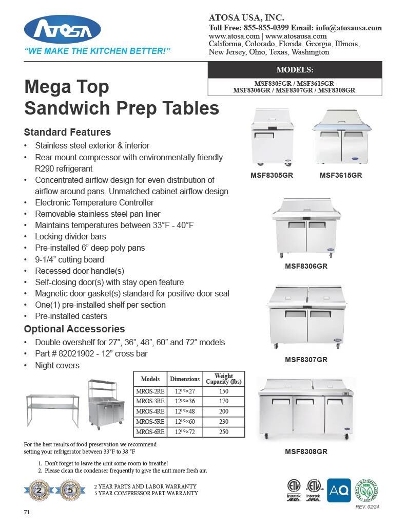 Atosa MSF8307GR 60" 2 DOOR MEGA Sandwich Prep