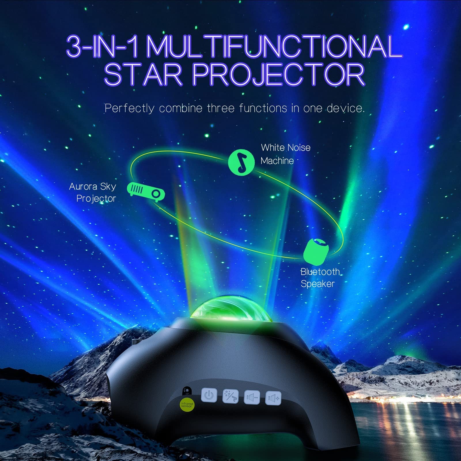 Aurora Projector with 33 Light Effects, LED Star Night Light, Bluetooth Speaker,