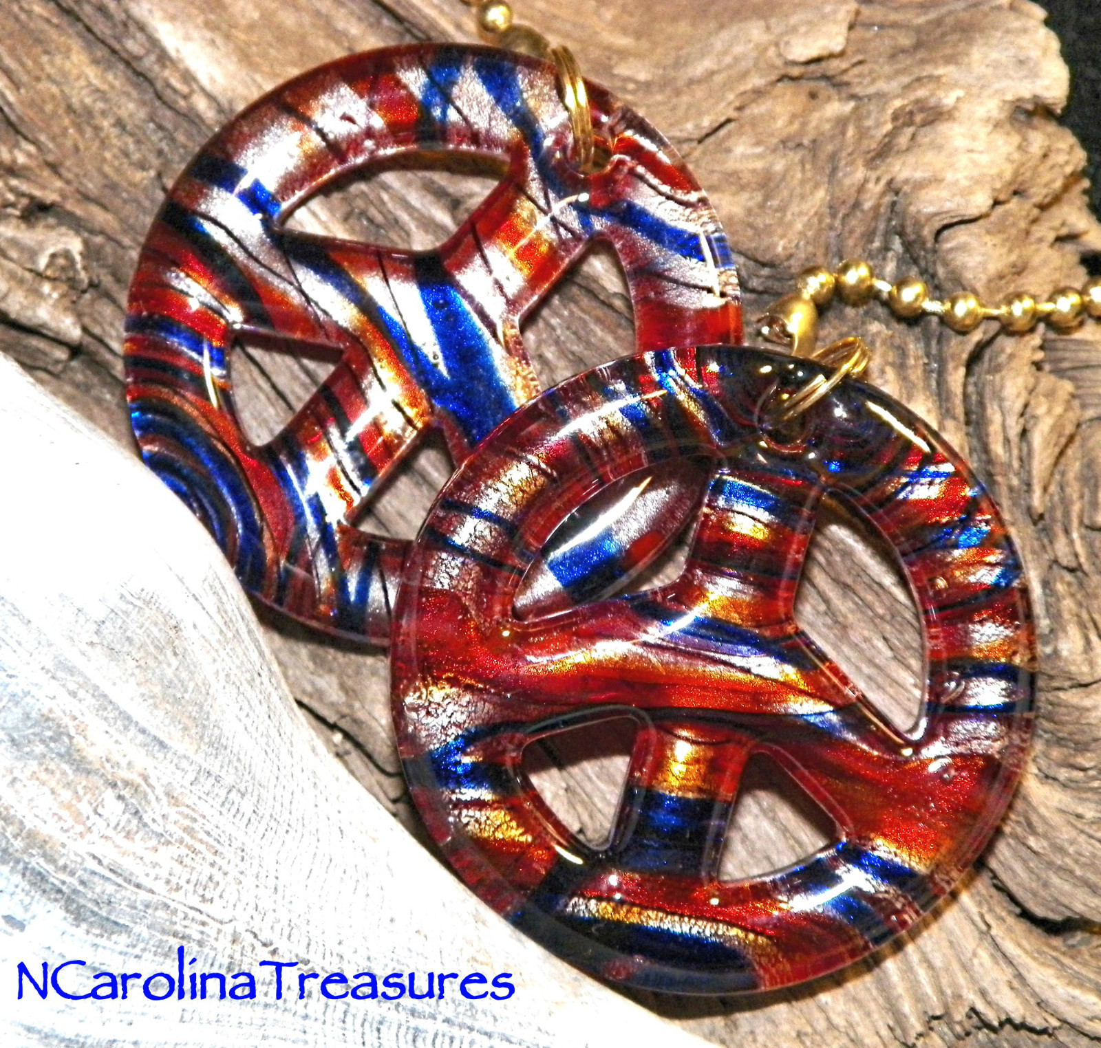 CEILING FAN PULL MURANO GLASS RED BLUE SILVER PEACE SYMBOL STRIPED LARGE PAIR