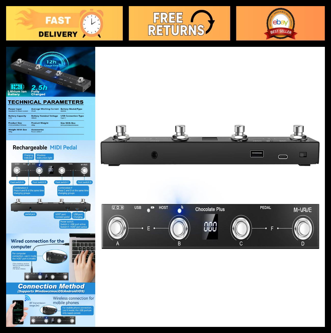 Wireless MIDI Foot Controller - Bluetooth Footswitch with 4 Buttons, Rechargeabl