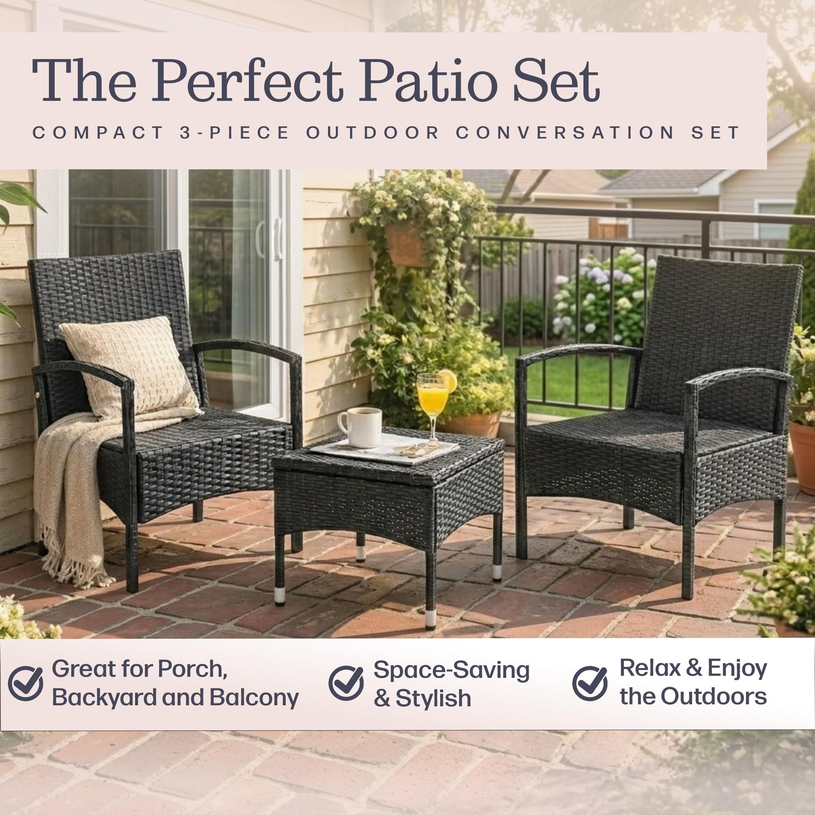 80-OUTD-WK-NCSHCHTBL, Gray Outdoor Patio Set ? 3-Piece Rattan Seating Combo w...