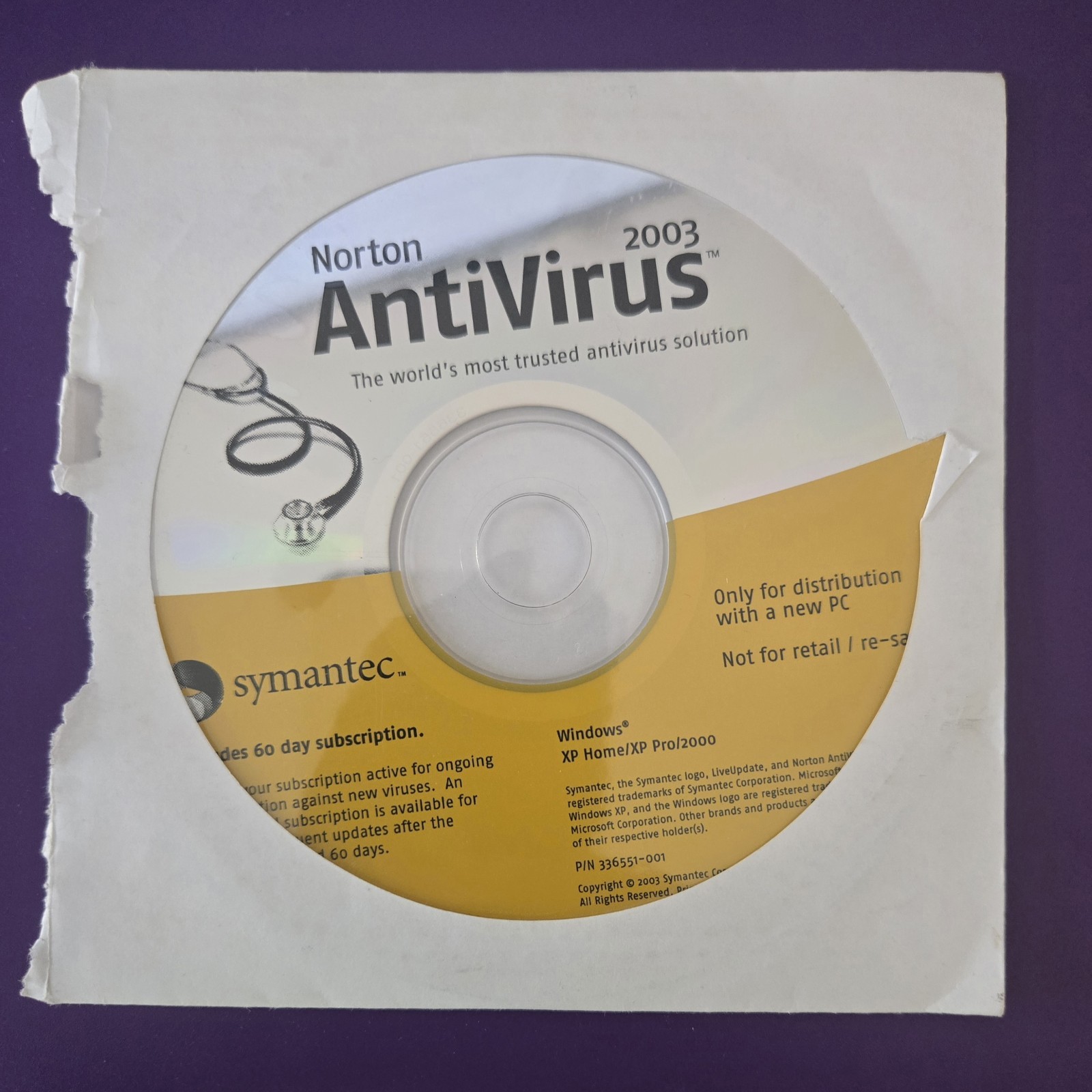 Norton Antivirus 2003 CD Used Open sleeve Disc