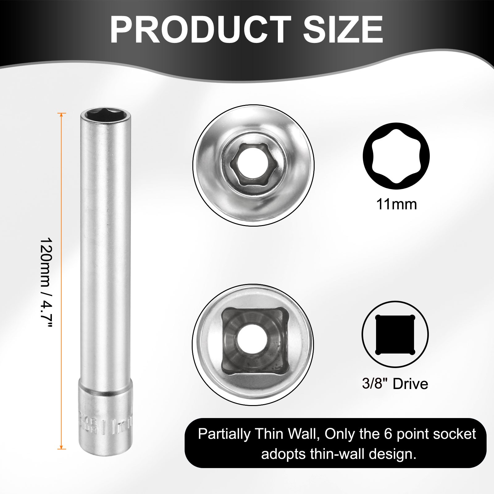 6 Points Deep Socket 3/8" Drive 11mm Nickel Plating Flip Sleeve 4.7" Long