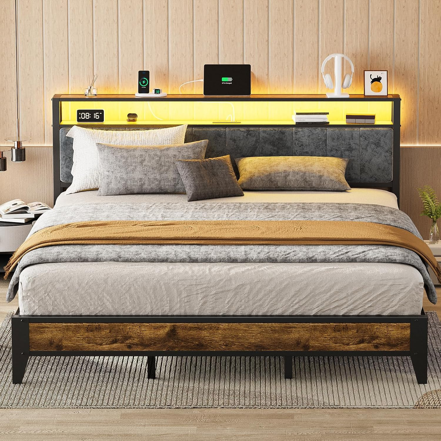 King Bed Frame with Headboard, Metal Platform Bed King Size with 2-Tier Storage,